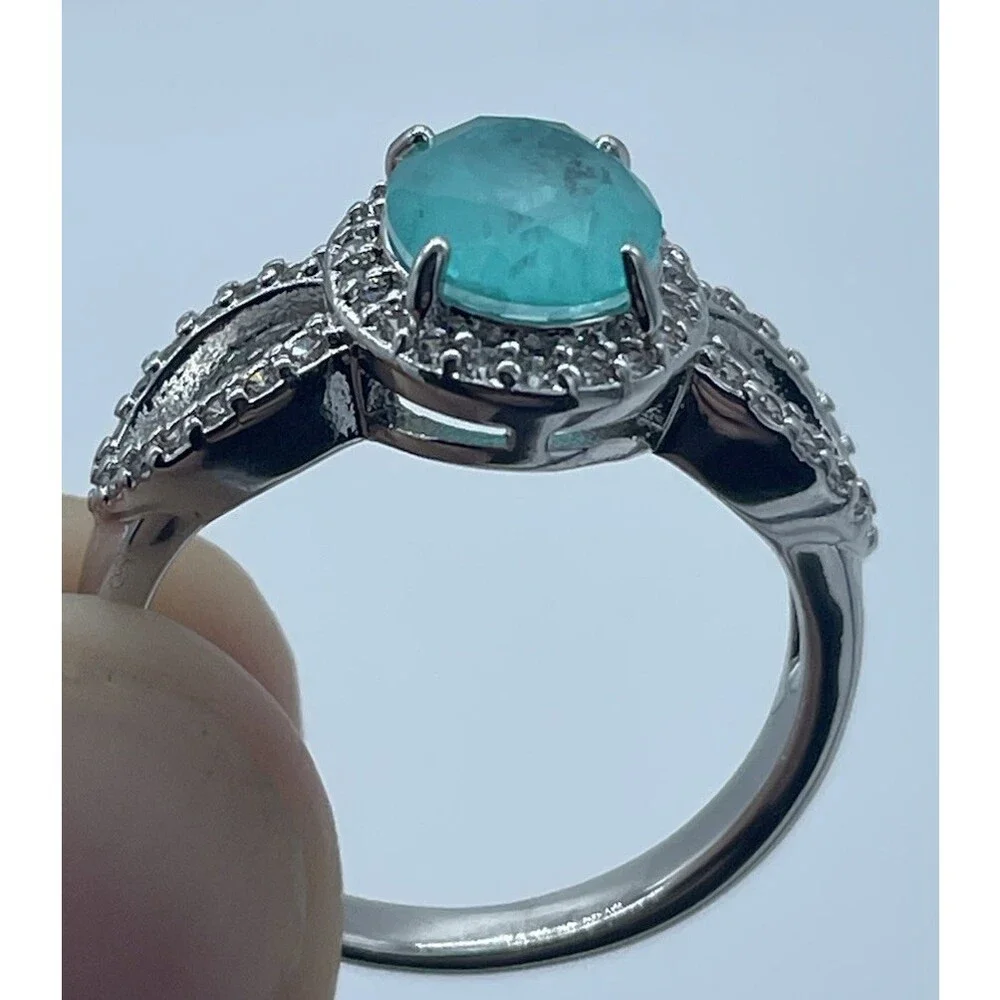 Bomb Party Size 7 Aqua Blue Halo Infinity Ring Rhodium Plated